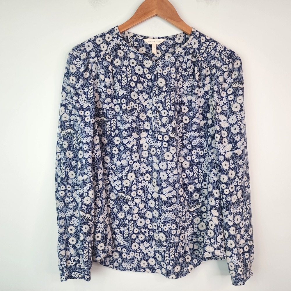 Rebecca Taylor Floral Silk Button Up Blouse Womens Size 6 Blue White Long Sleeve - Picture 2 of 8